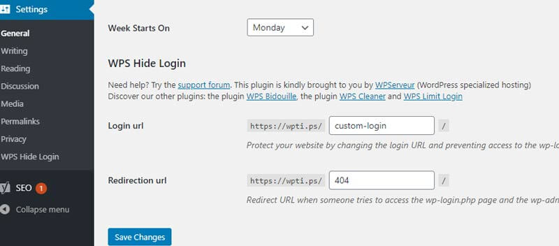 WPS Hide Login Plugin Settings