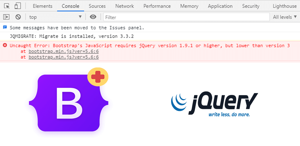 How to fix “Bootstrap’s JavaScript requires jQuery version 1.9.1 or higher, but lower than version 3” error